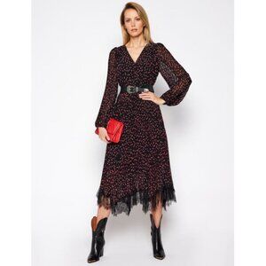 DKNY Heart Print Pleated Midi Dress with Lace Hem XL Black Red